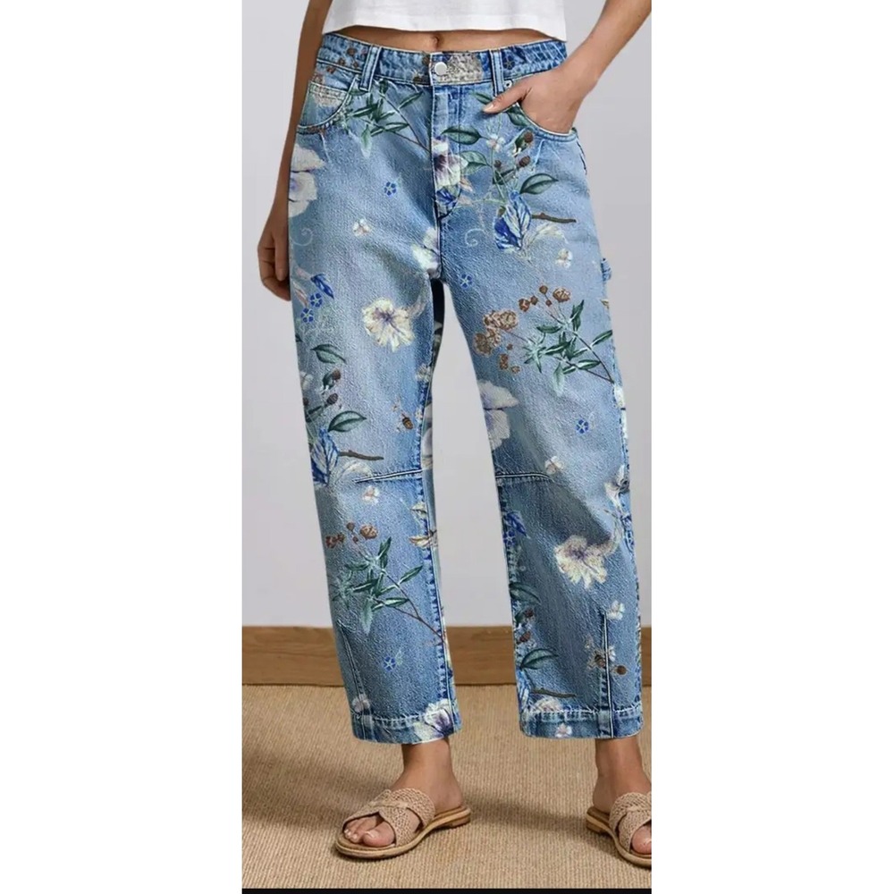 Flamingals Floral Print Flap Pocket Mid Rise Barrel Leg Crop Jeans Light Blue sm